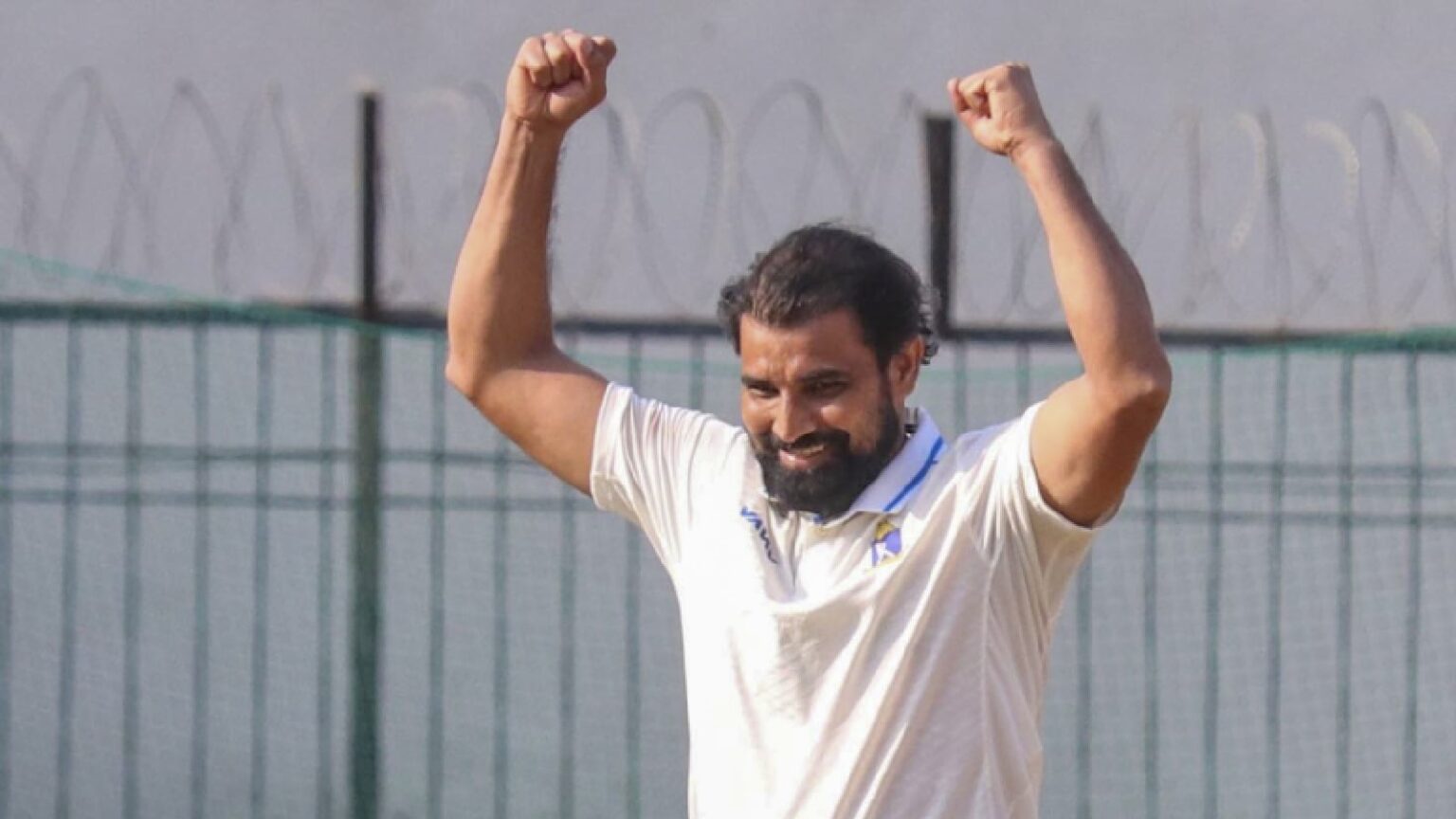 Bengal’s Mohammed Shami celebrates a wicket on the fourth day of a Ranji Trophy cricket match between Madhya Pradesh and Bengal, at the Holkar Cricket Stadium, in Indore